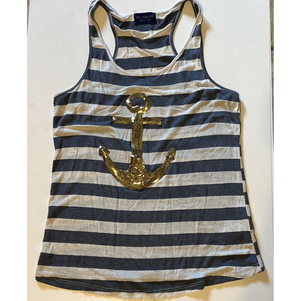 Clas-Sic USA Blue White Stripe Racer Back Tank With Gold Sequin Anchor Sz Medium